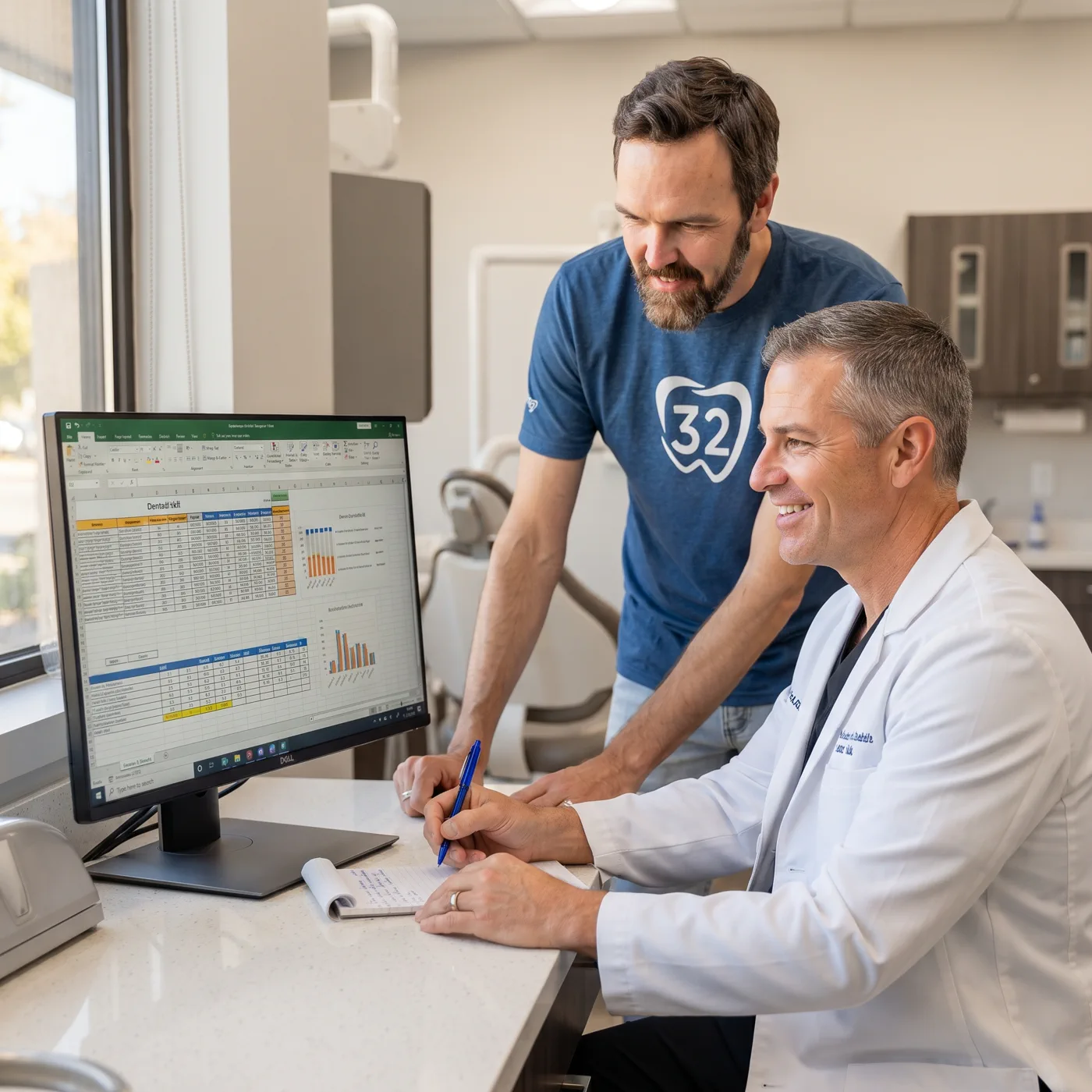Marketing 32 consultant reviewing practice growth data with a dentist